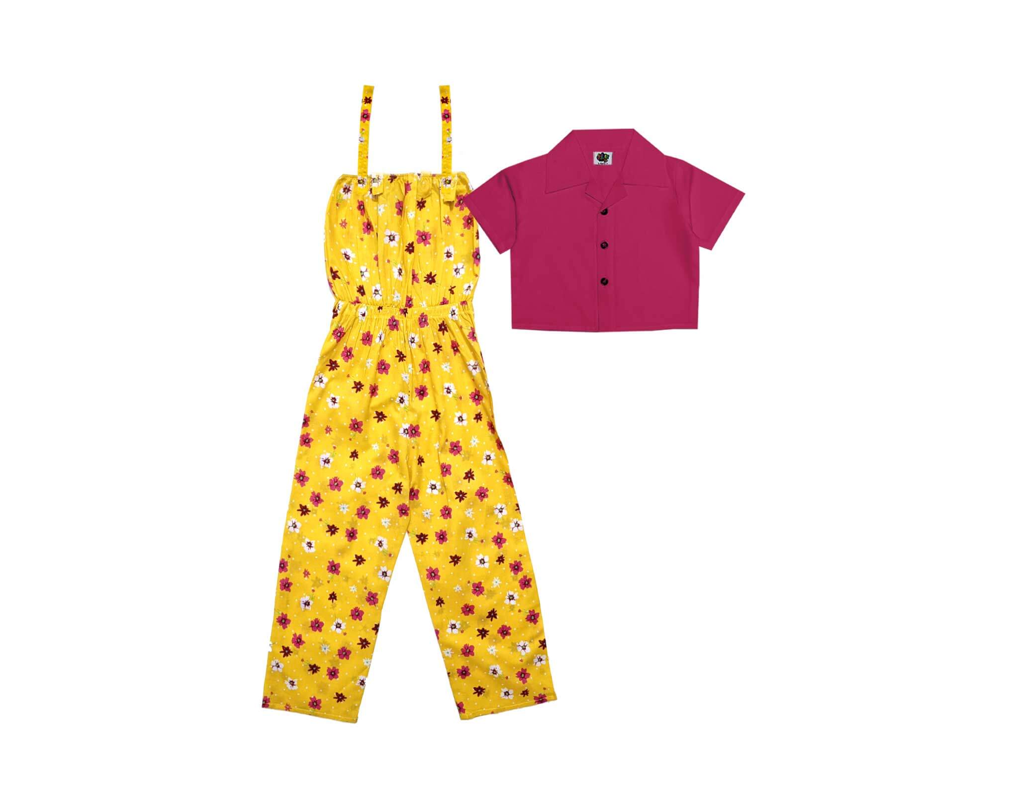 White Flowers Jumpsuit with Short Shirt - Yellow & Shocking Pink