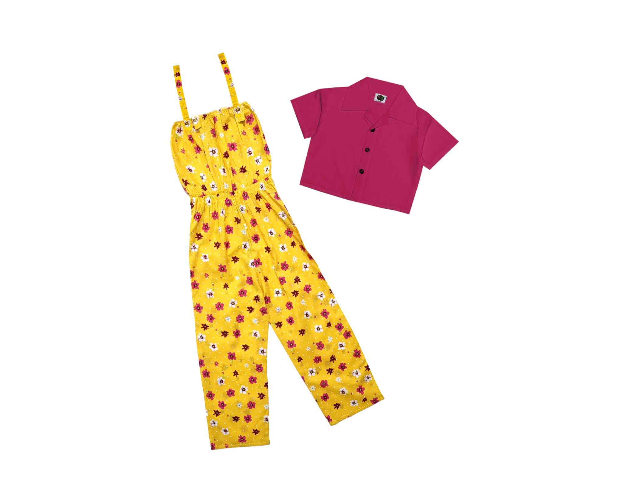 White Flowers Jumpsuit with Short Shirt - Yellow & Shocking Pink