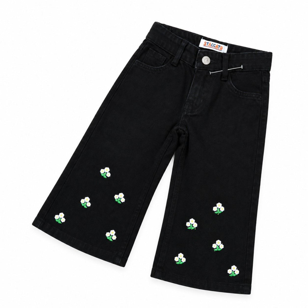 White & Green Sun Flower Denim Pent - Black