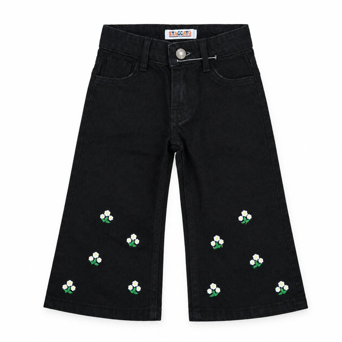 White & Green Sun Flower Denim Pent - Black