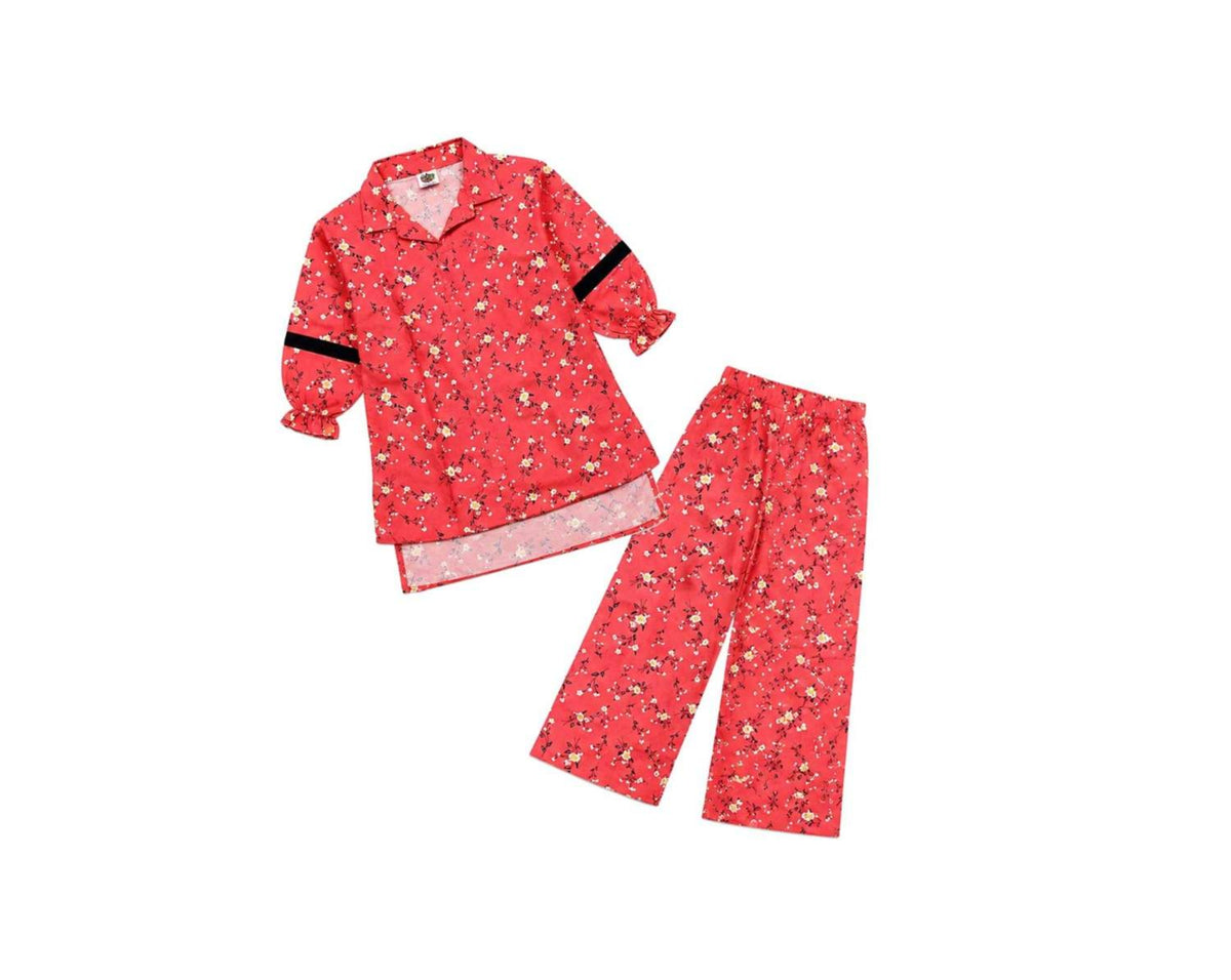 White Mini Floral Girls Cotton 2Pcs - Red