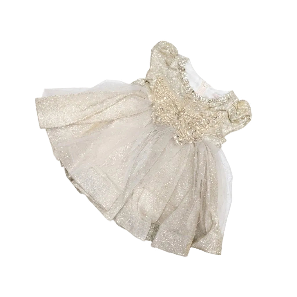 White Pearls Butterfly Frock - Light Golden