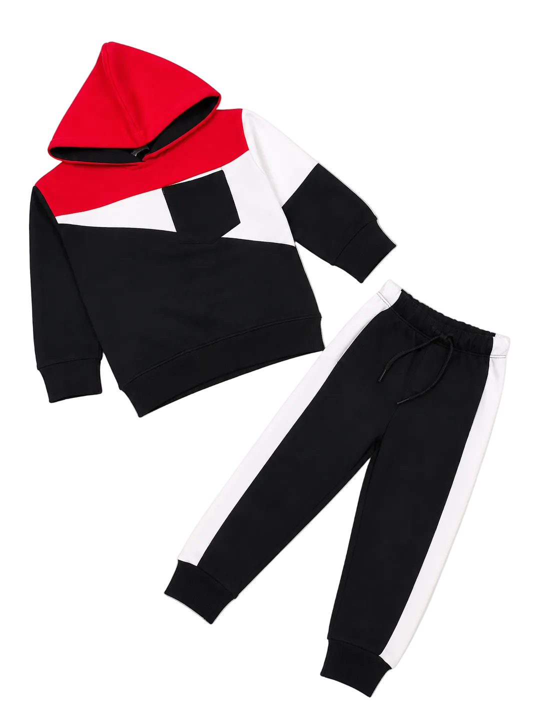 White Stylish Penal Front Pocket Hoodie Fleece Tracksuit - Black & Red-1
