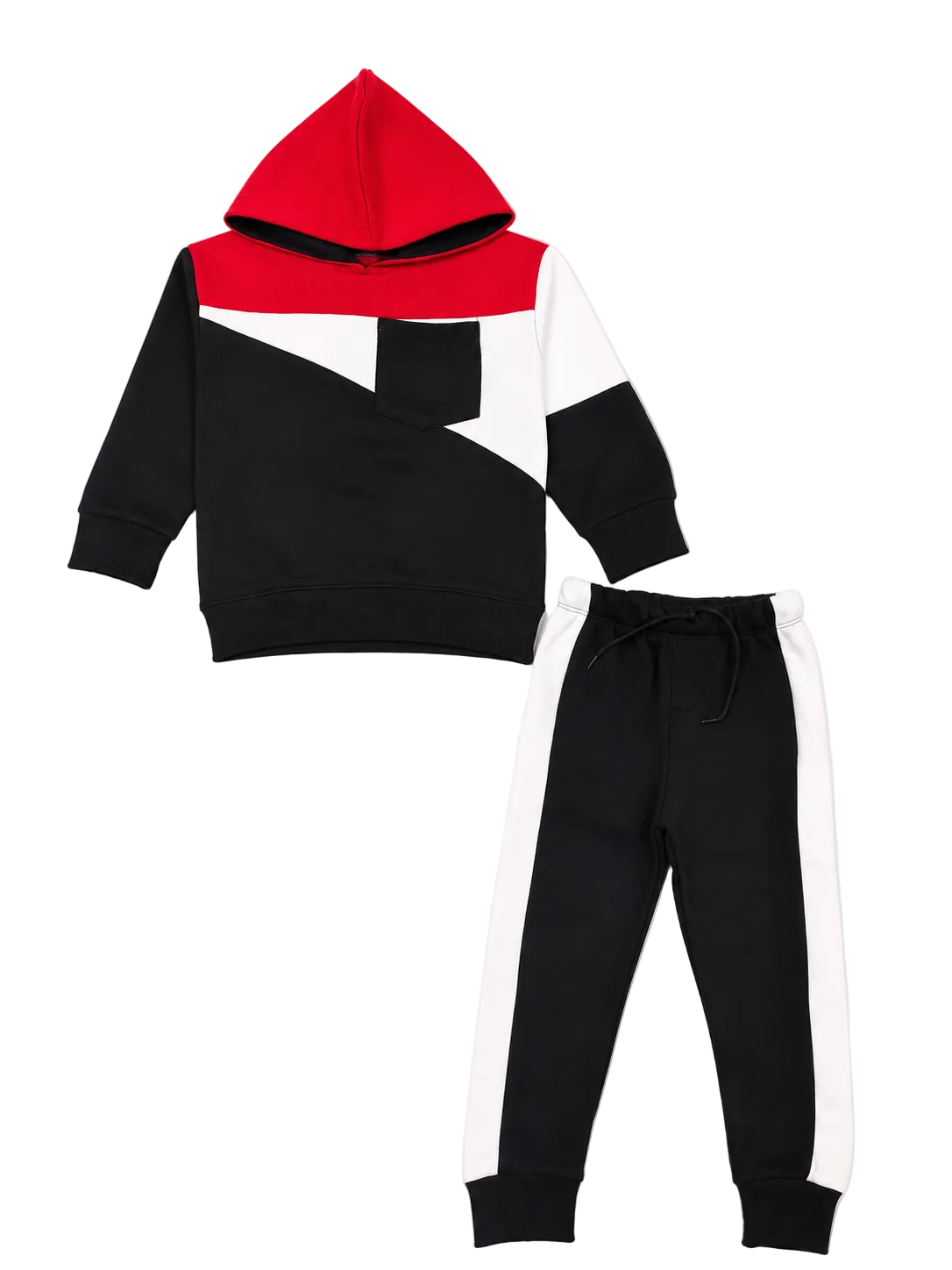 White Stylish Penal Front Pocket Hoodie Fleece Tracksuit - Black & Red