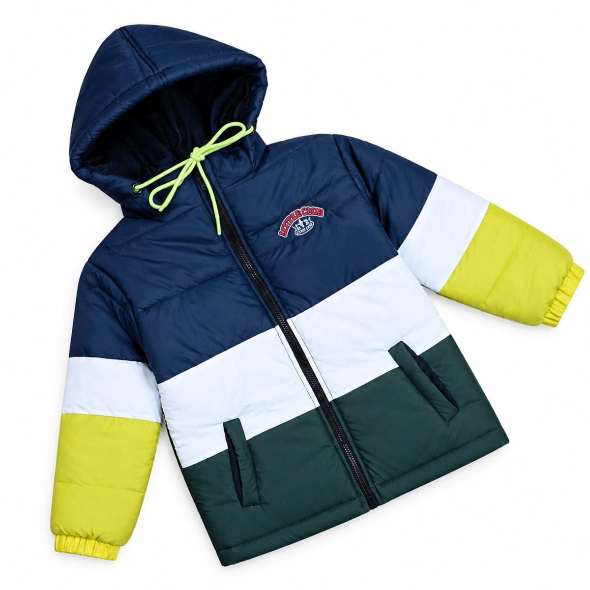 White Yellow Green & Navy Penal Puffer Full Sleeve Jacket - White Yellow Green & Navy