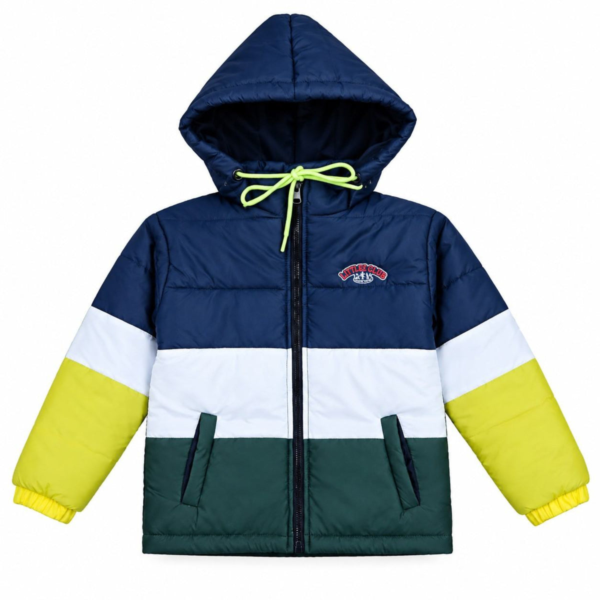 White Yellow Green & Navy Penal Puffer Full Sleeve Jacket - White Yellow Green & Navy