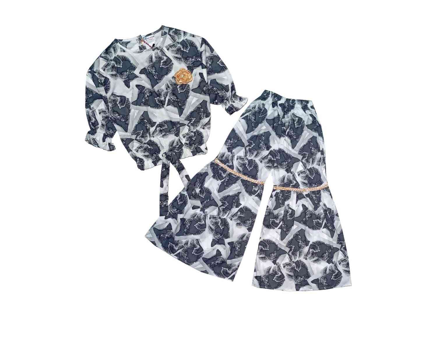 Wild Cat Cotton Short Top with Gharrara - Grey