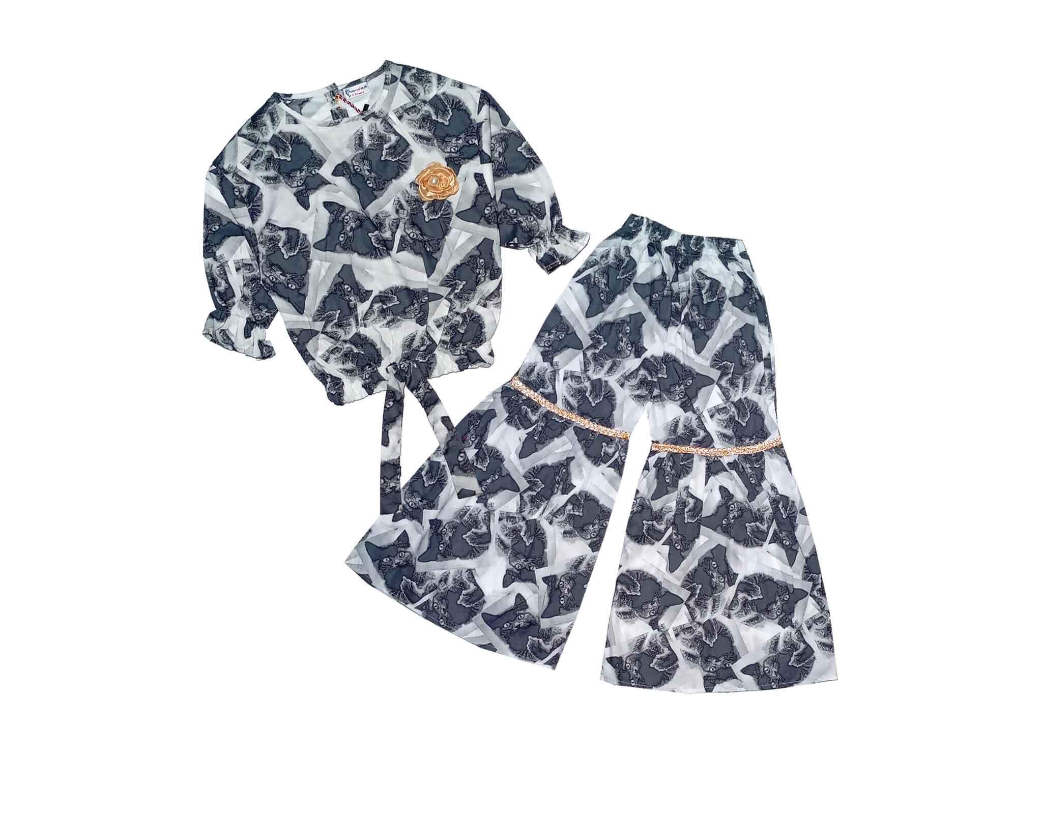Wild Cat Cotton Short Top with Gharrara - Grey