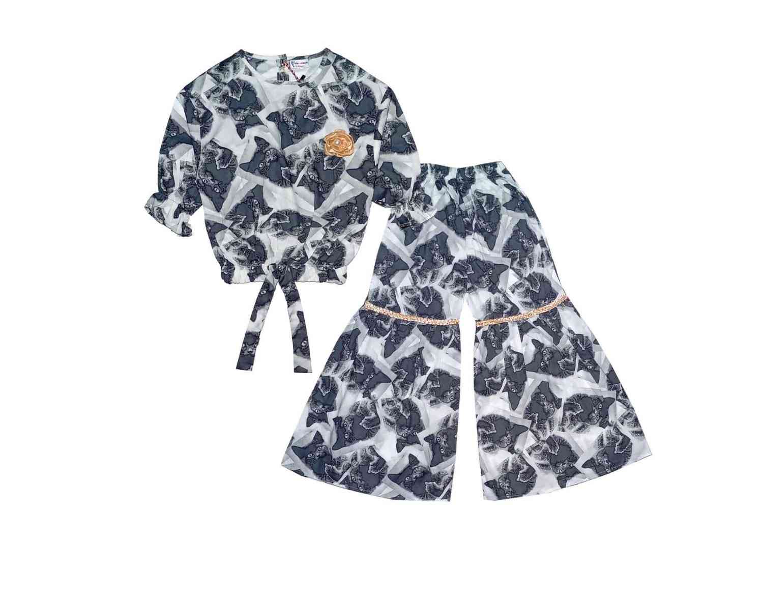 Wild Cat Cotton Short Top with Gharrara - Grey