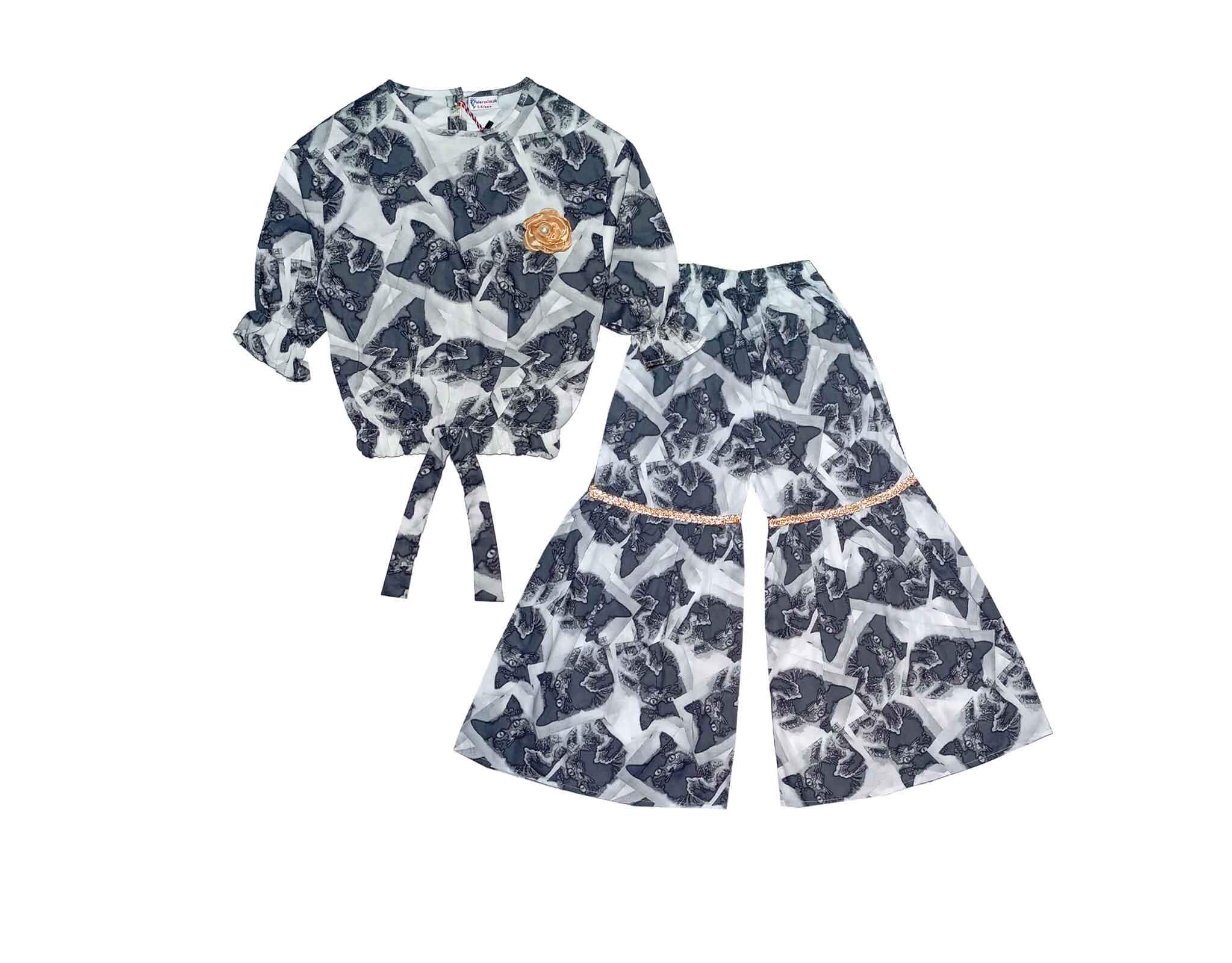 Wild Cat Cotton Short Top with Gharrara - Grey