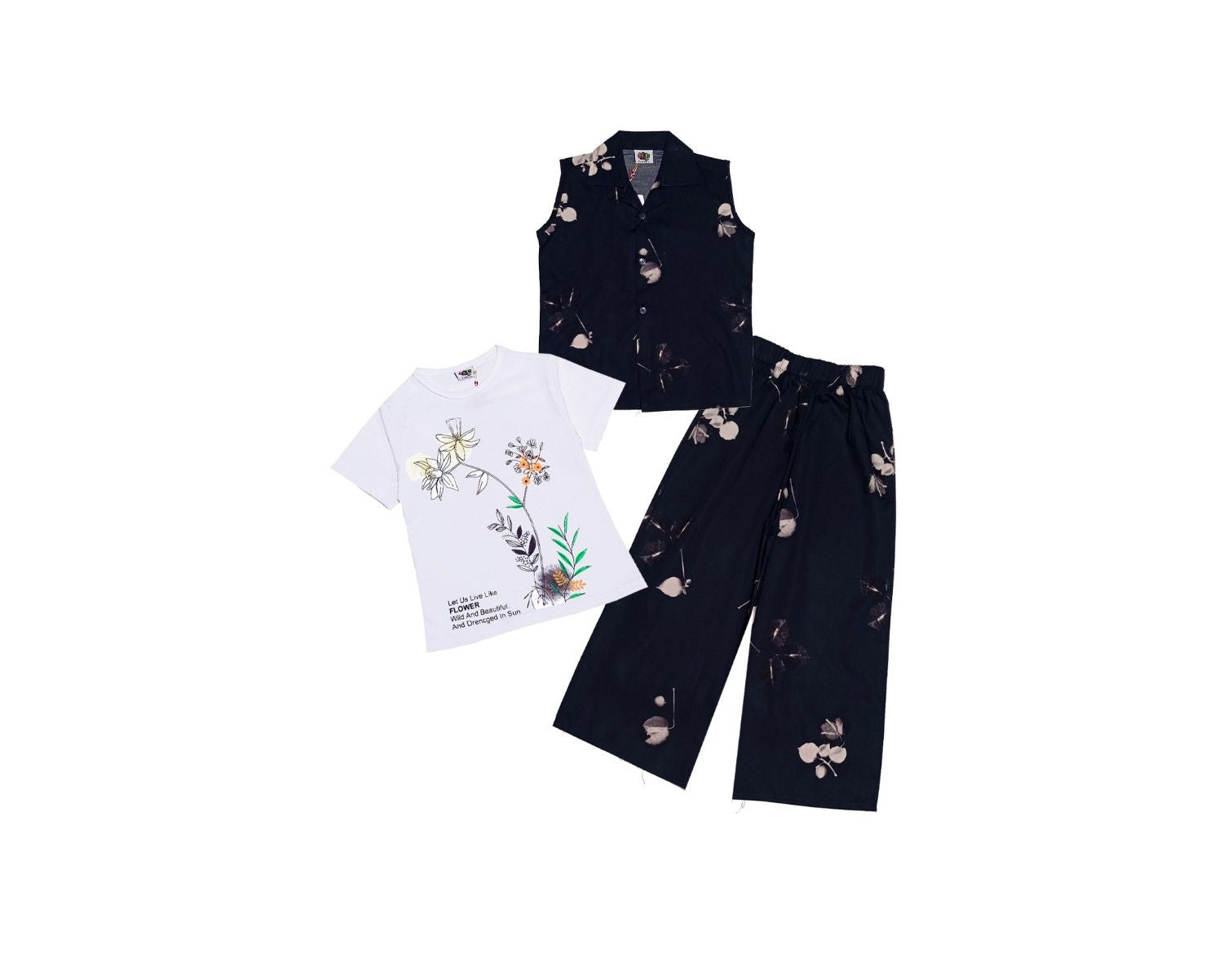 Wild Flowers Cotton Sleeves less Coat Tee &Plazzo Black1