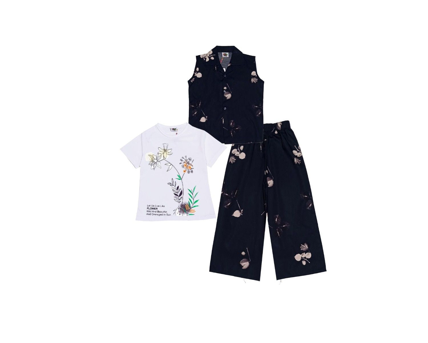 Wild Flowers Cotton Sleeves less Coat Tee &Plazzo Black