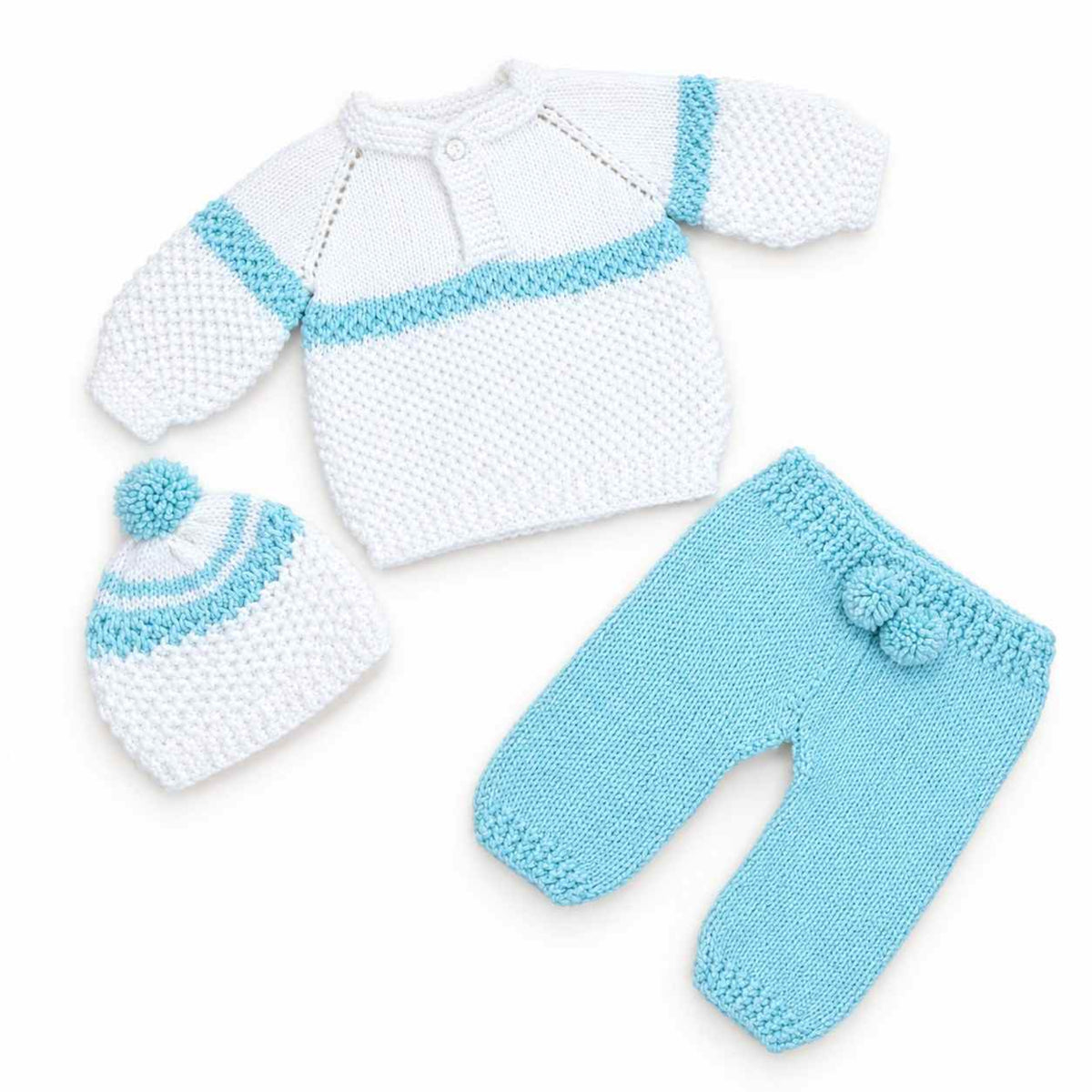 Wool Hand Made Baby Set Tee & Trouser With Cap - White & Light Blue