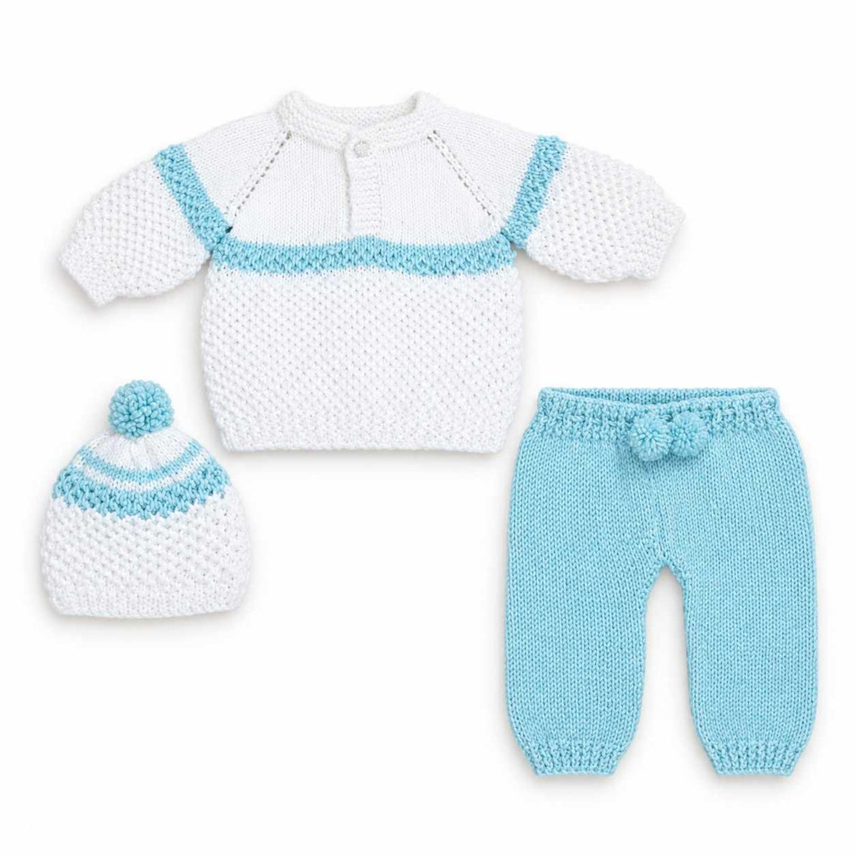 Wool Hand Made Baby Set Tee & Trouser With Cap - White & Light Blue