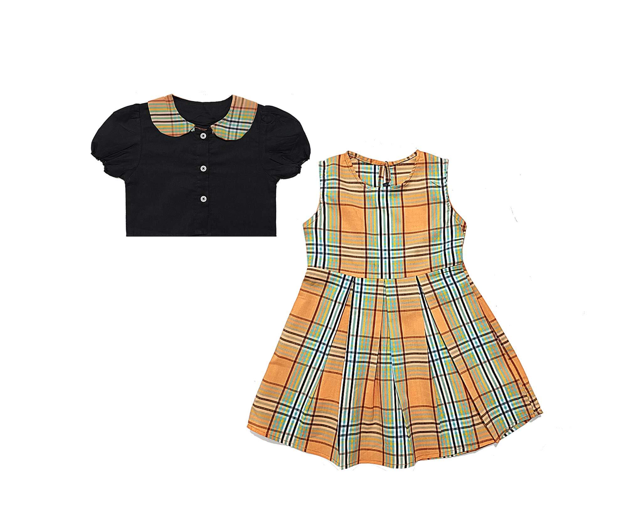 Yellow  Checked Puff Sleeve Stylish Coller Top And Frock - Black & Yellow