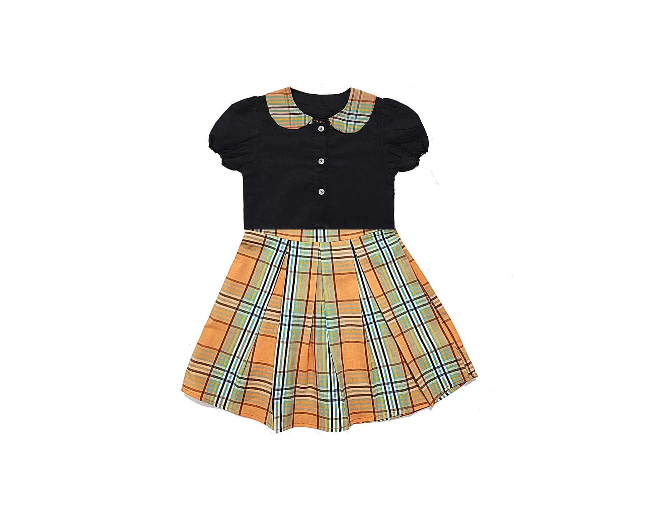 Yellow  Checked Puff Sleeve Stylish Coller Top And Frock - Black & Yellow