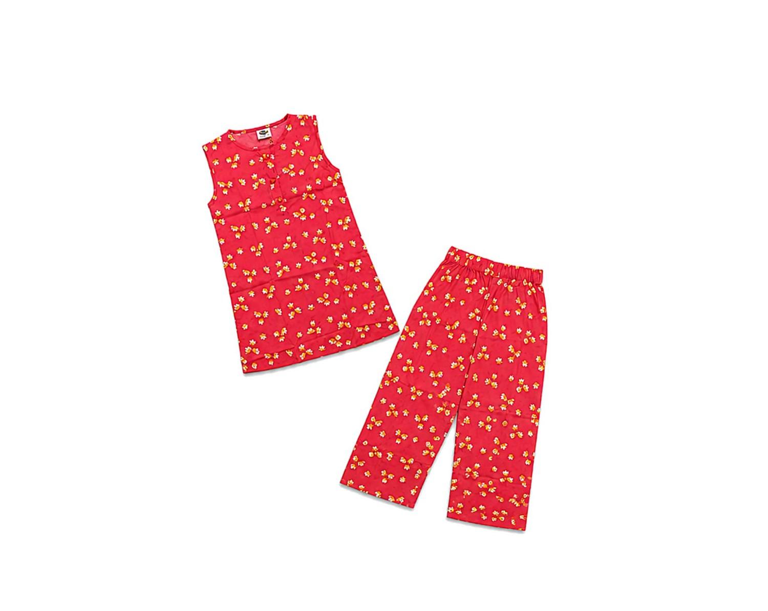 Yellow Mini Floral sleeveless 2-piece digital printed lawn -Red-1