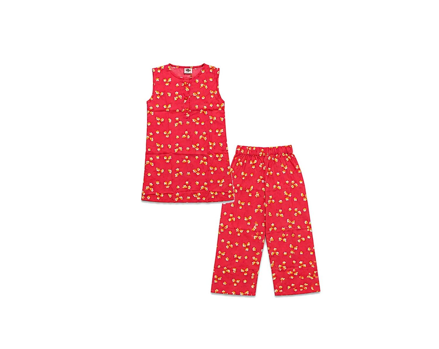 Yellow Mini Floral sleeveless 2-piece digital printed lawn -Red