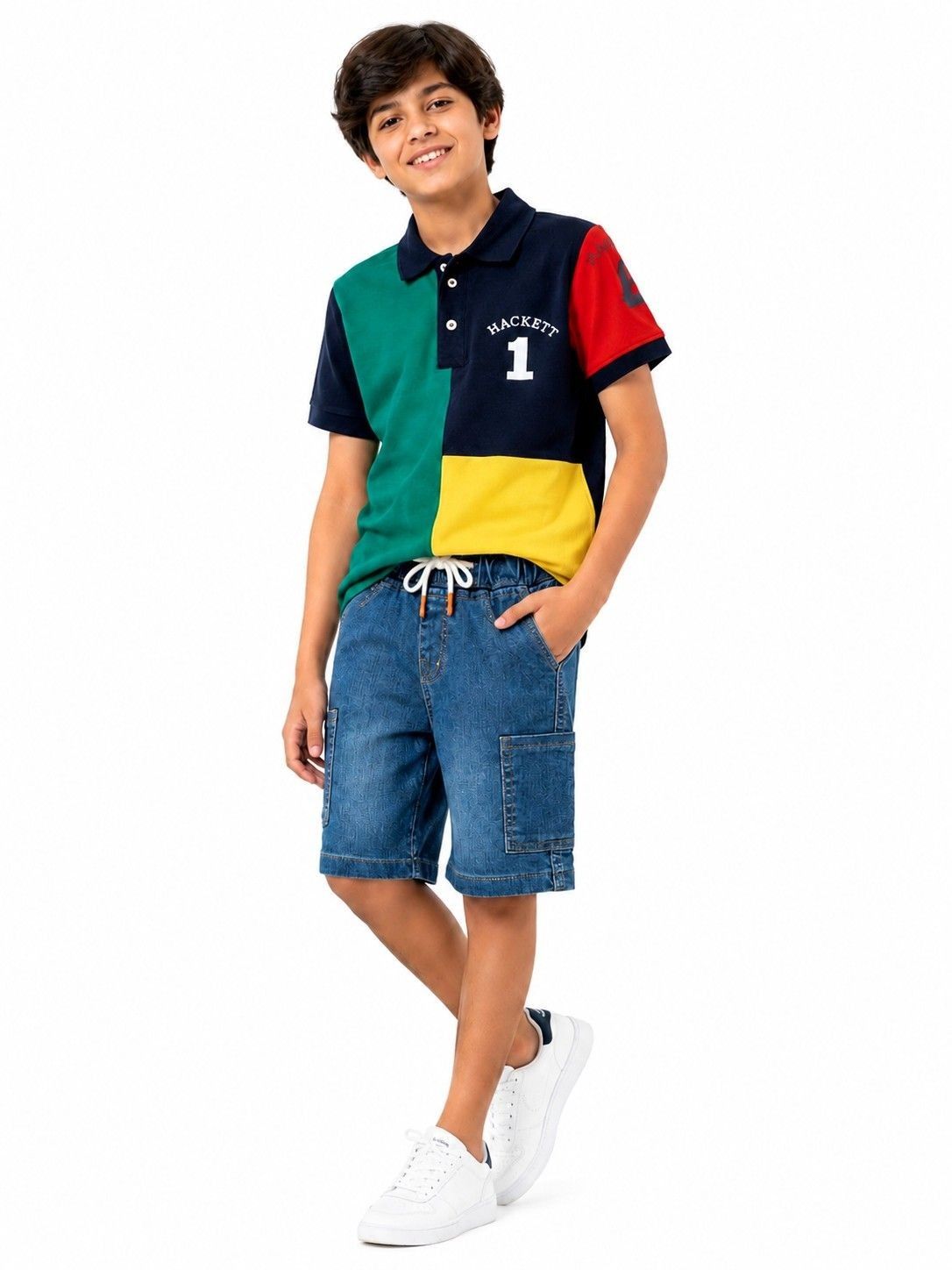 Yellow panel hackett polo shirt with classy look elastic waist 6 pocket denim short