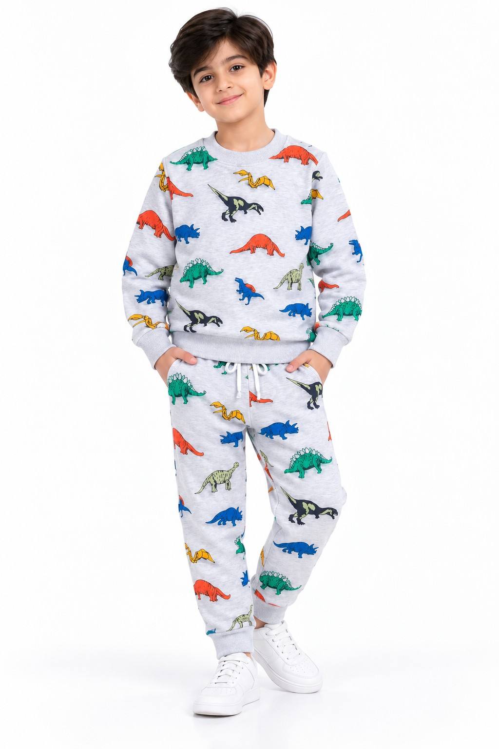 Dinosaur Printed Fleece Tracksuit - Grey 