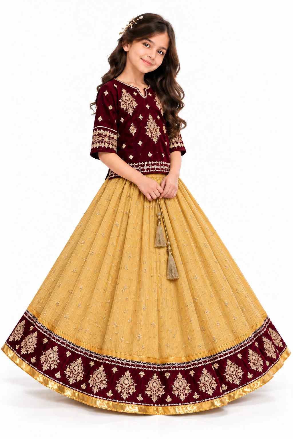 Traditional Golden Embroidered Top & Lehenga - Golden & Maroon