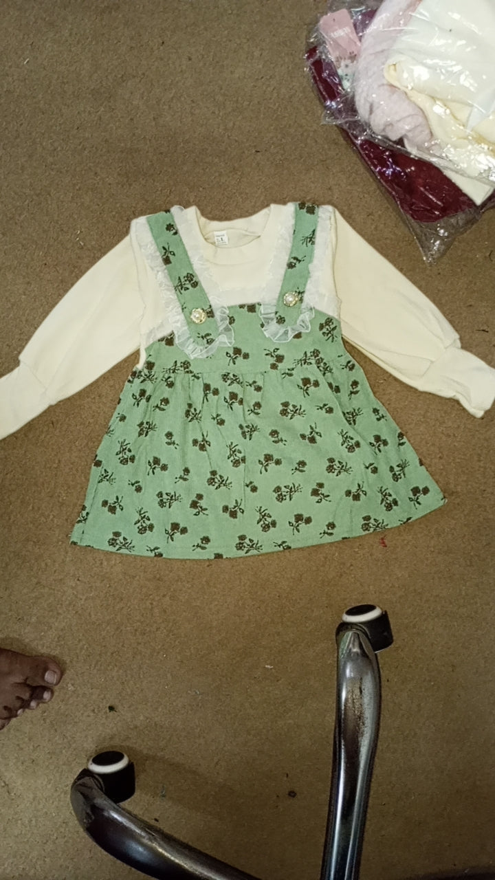 Little Girls Floral Frock Cream Long-Sleeve Shirt - Off White & Green