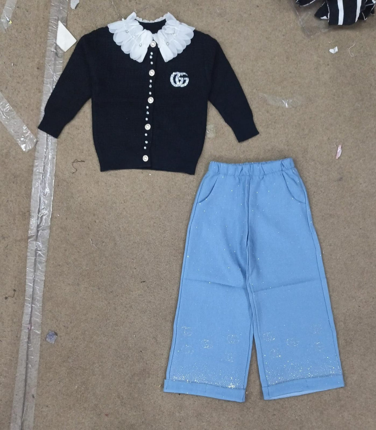 Girls Black Collar & Blue Embellished Pants Set - Black & Blue