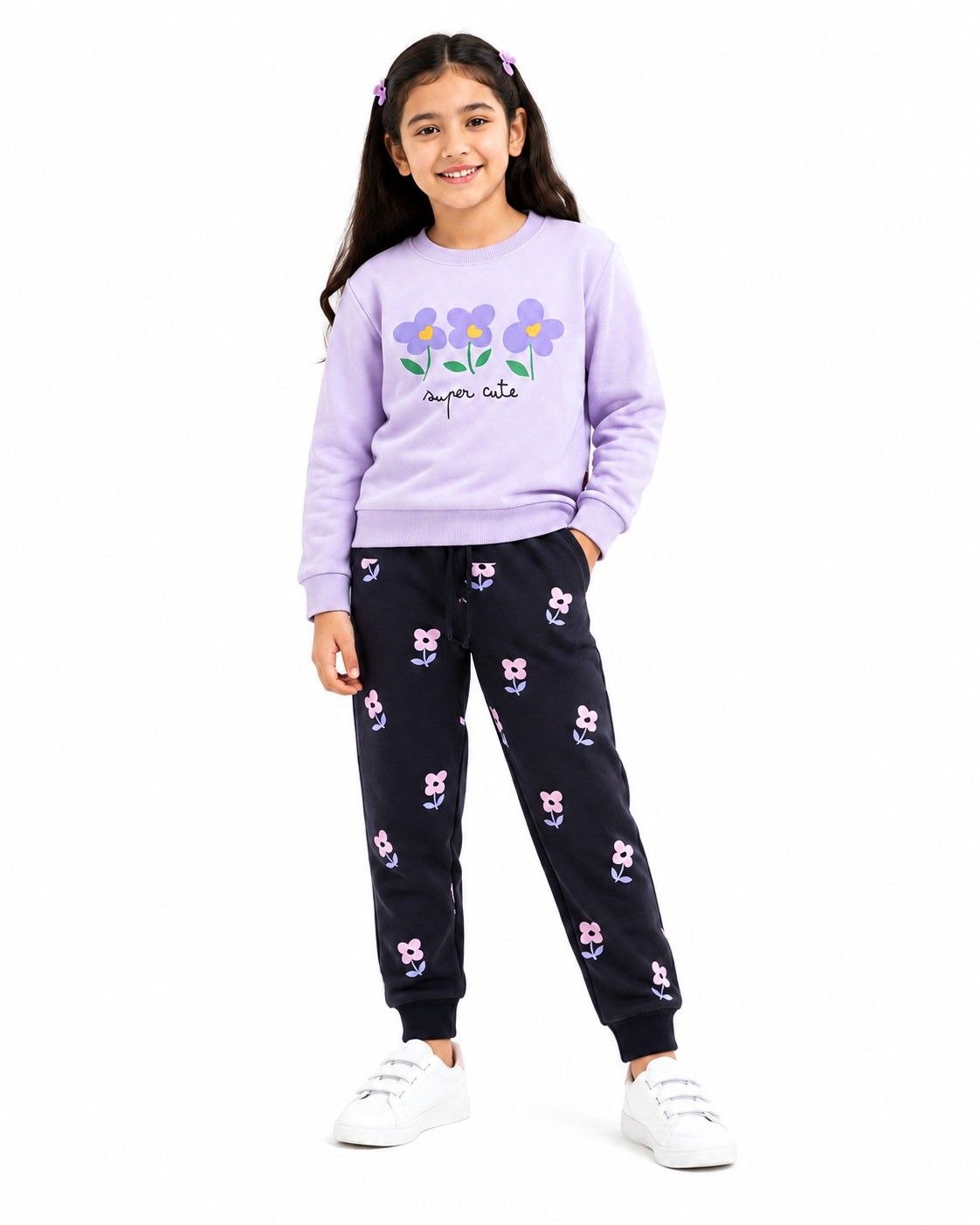 Super Cute Flowers Fleece Tracksuit - Soft Purple & Black