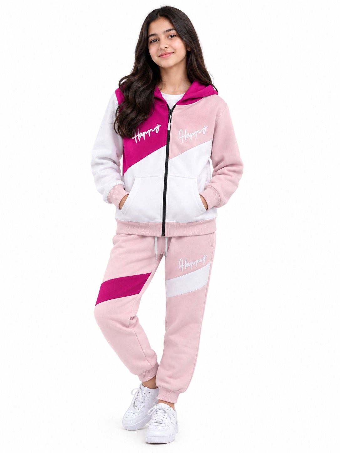 Happy Trendy Pennal Fleece Hoodie Tracksuit - Baby Pink