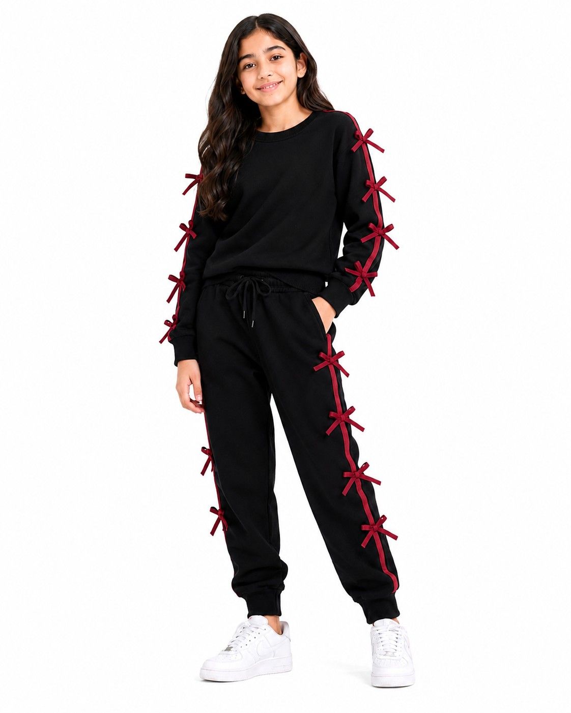 Rust Bow stylish Fleece Tracksuit - Black