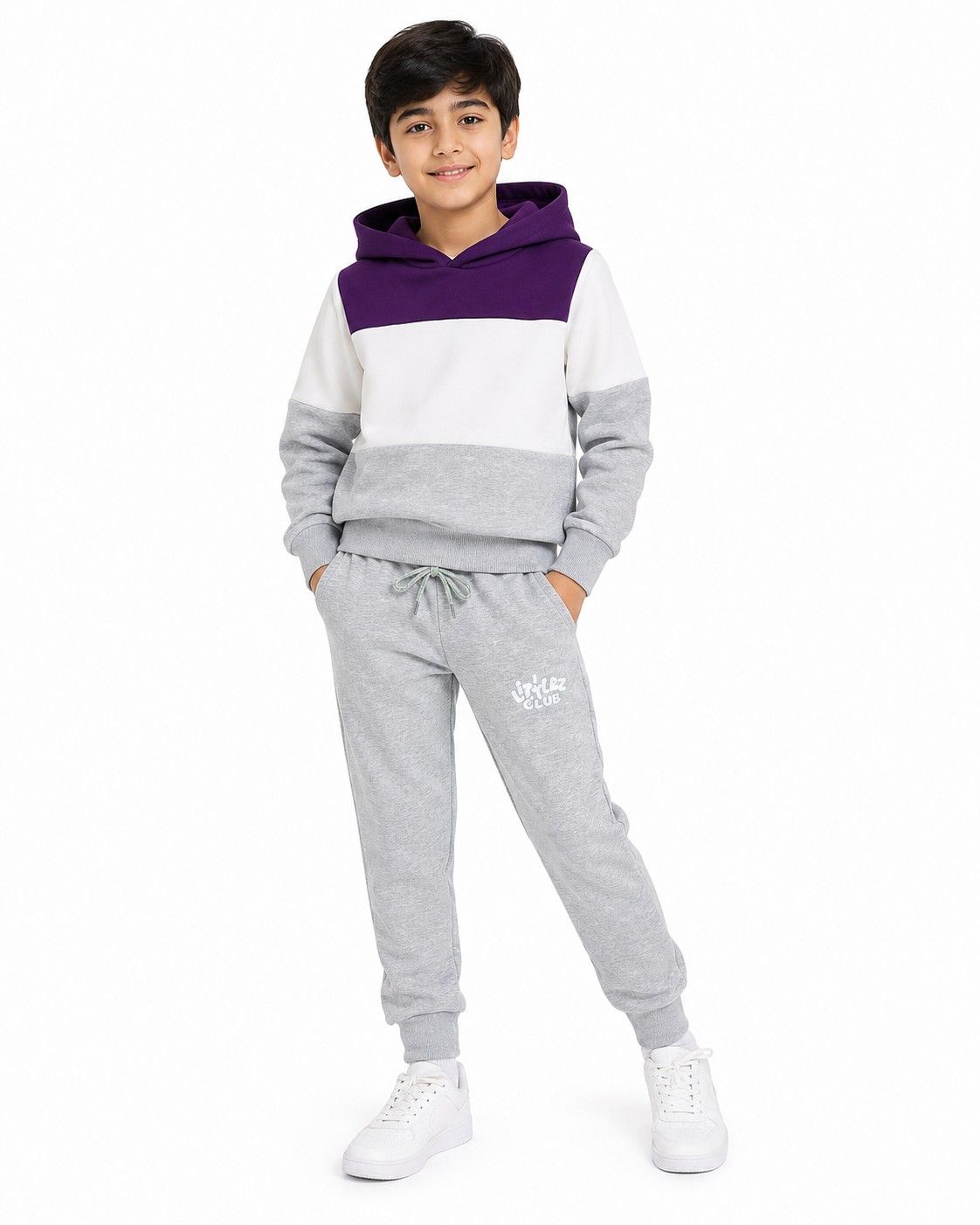 Warm with Littlez Club Pennal Hoodie Tracksuit -Purple White Grey
