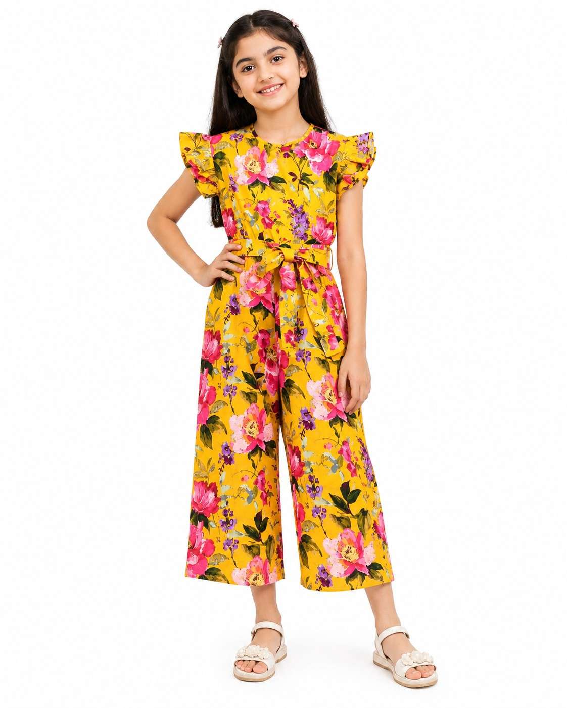 Pink Large Flowers Printed Frill Sleeve Jumpsuit - Yellow