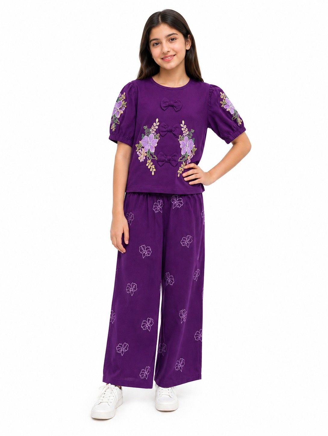 Flowers Printed Sleeve With Cute Bow Top & Trouser - Dark Purple