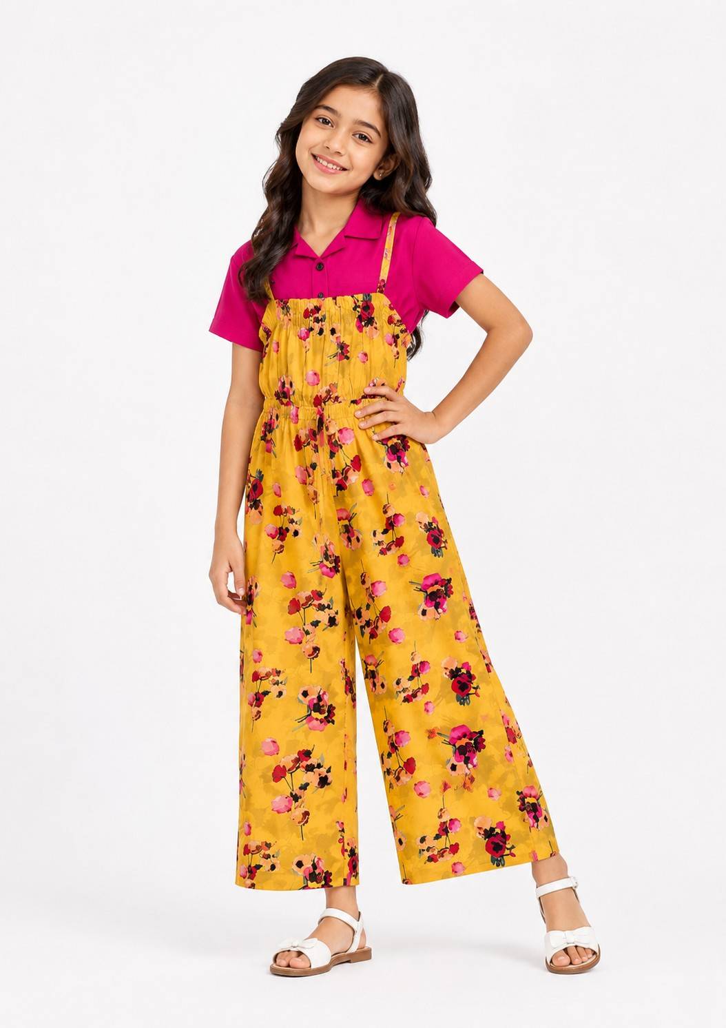 Yellow Floral Printed Casual Summer Jumpsuit - Shocking Pink & Yellow