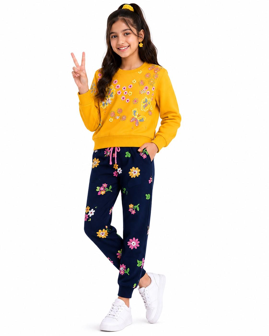 Spring Flowers Fleece Tracksuit- Mustard &amp; Navy Blue