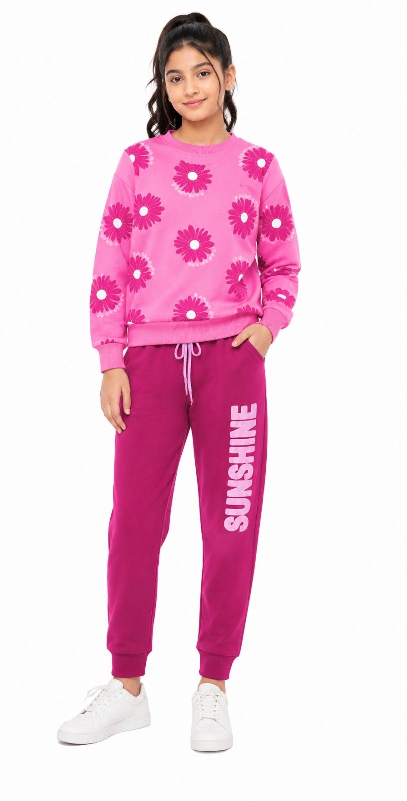 Sunshine Flowers Fleece Tracksuit -Pink & Shocking Pink