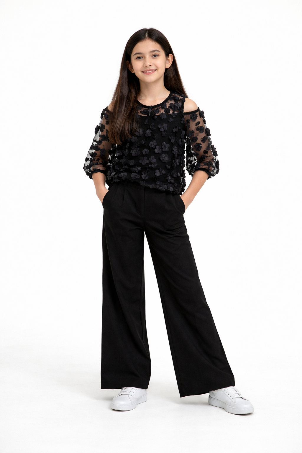 3D Flowers Net Western Top with Silk Flapper Trouser - Black