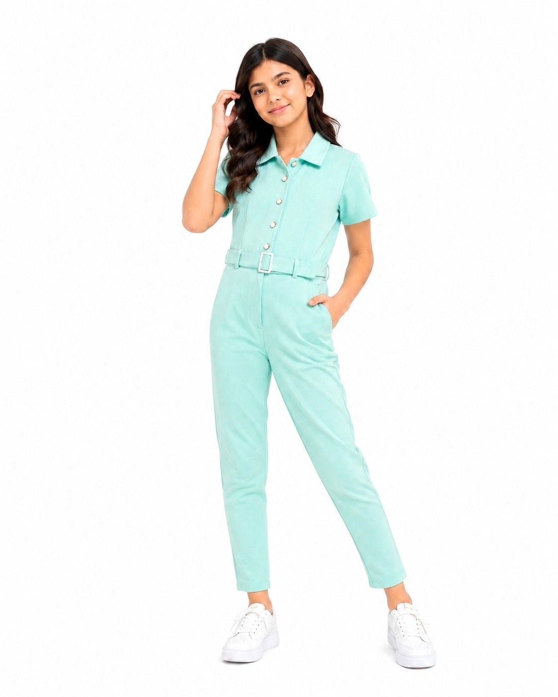 Casual Look Interlock Half Sleeve Jumpsuit - Sea Green