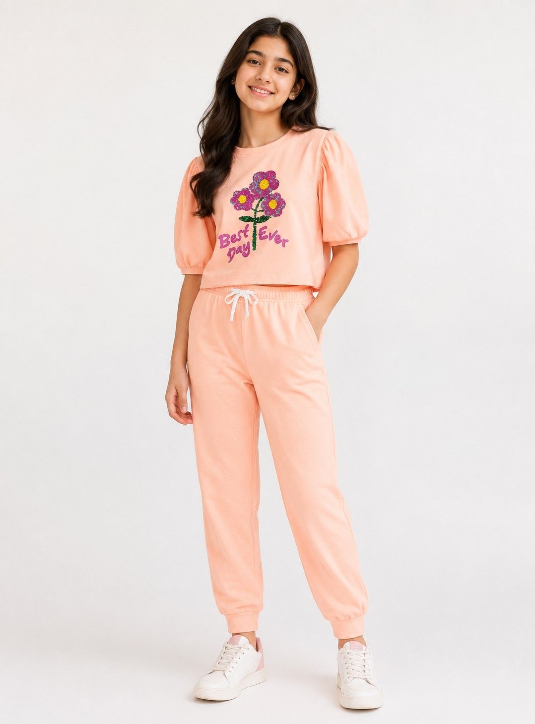 Best Ever Day Sequin Flowers Tee Shirt &amp; Trouser - Peach