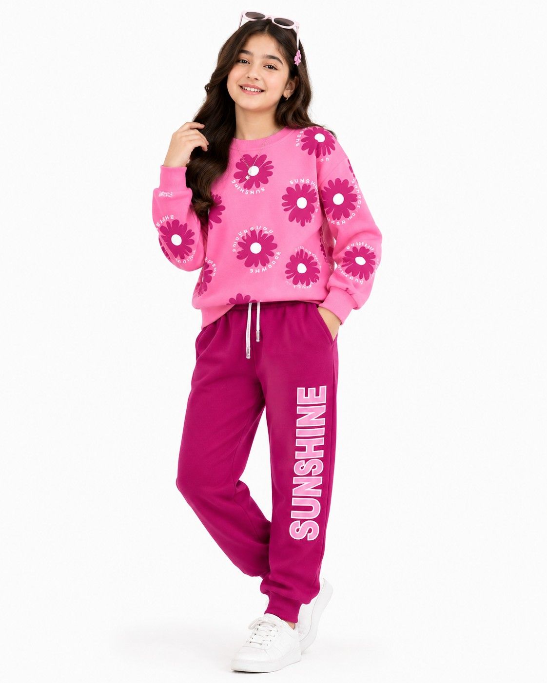 Sunshine Flowers Fleece Tracksuit -Pink & Shocking Pink