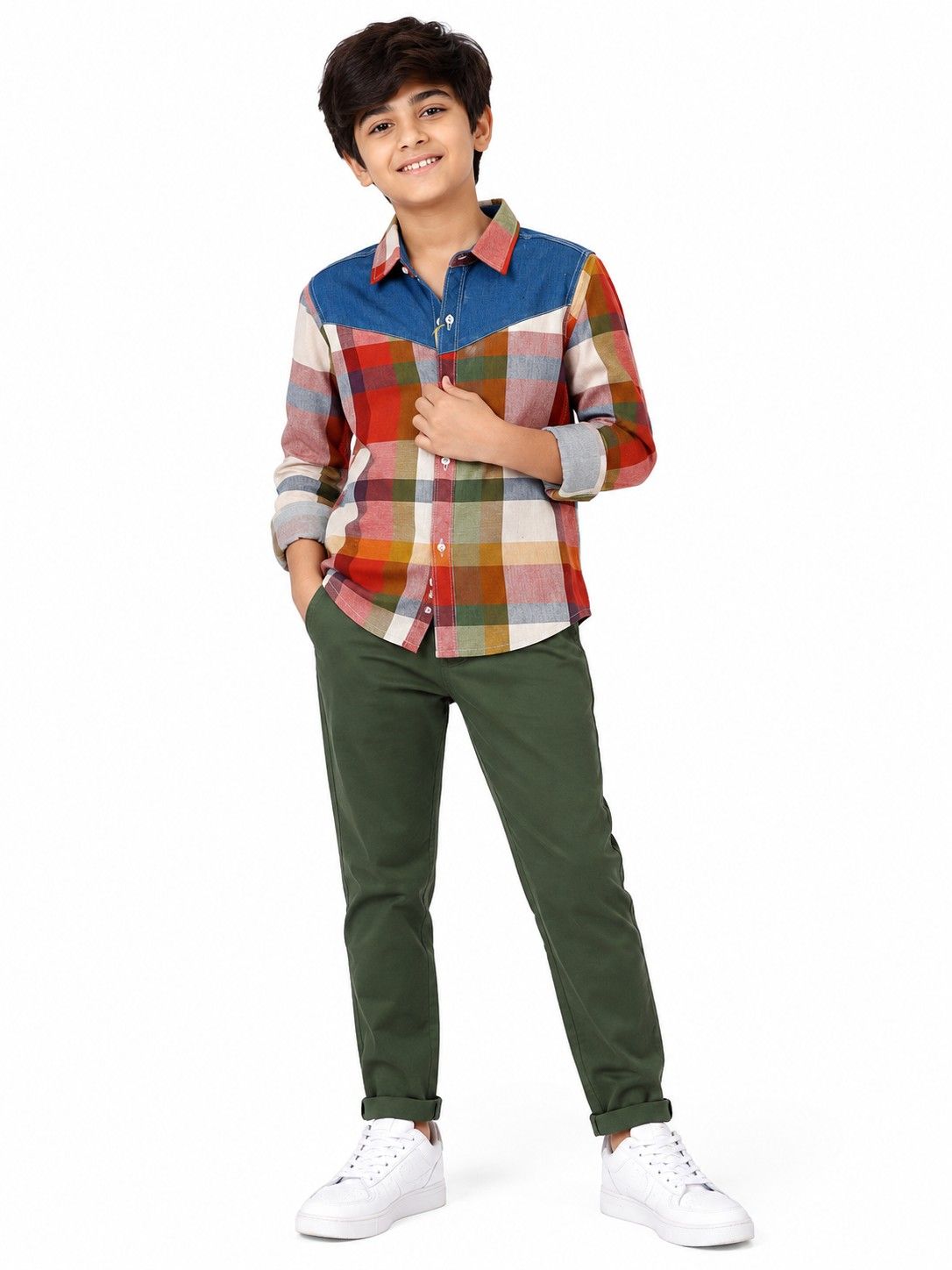 Shemrey Checked Fabric Formal Shirt with Basic Slim Fit Twill Cotton Chino Pant