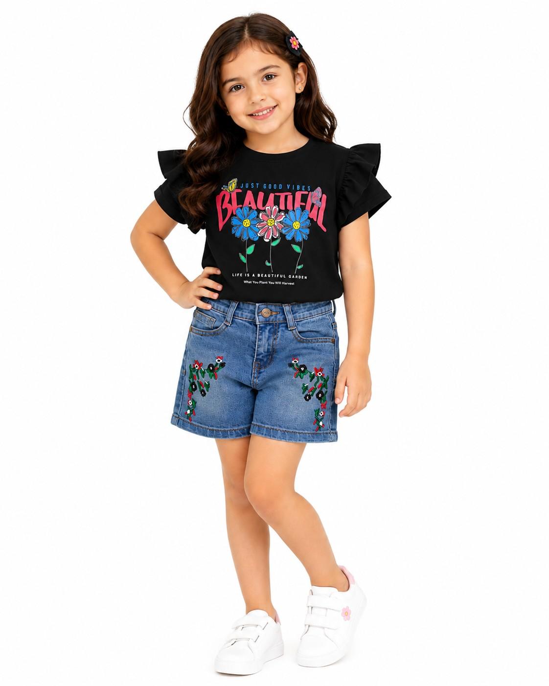 Life is Beautiful Frill Tee Shirt With Nature Floral Denim Short