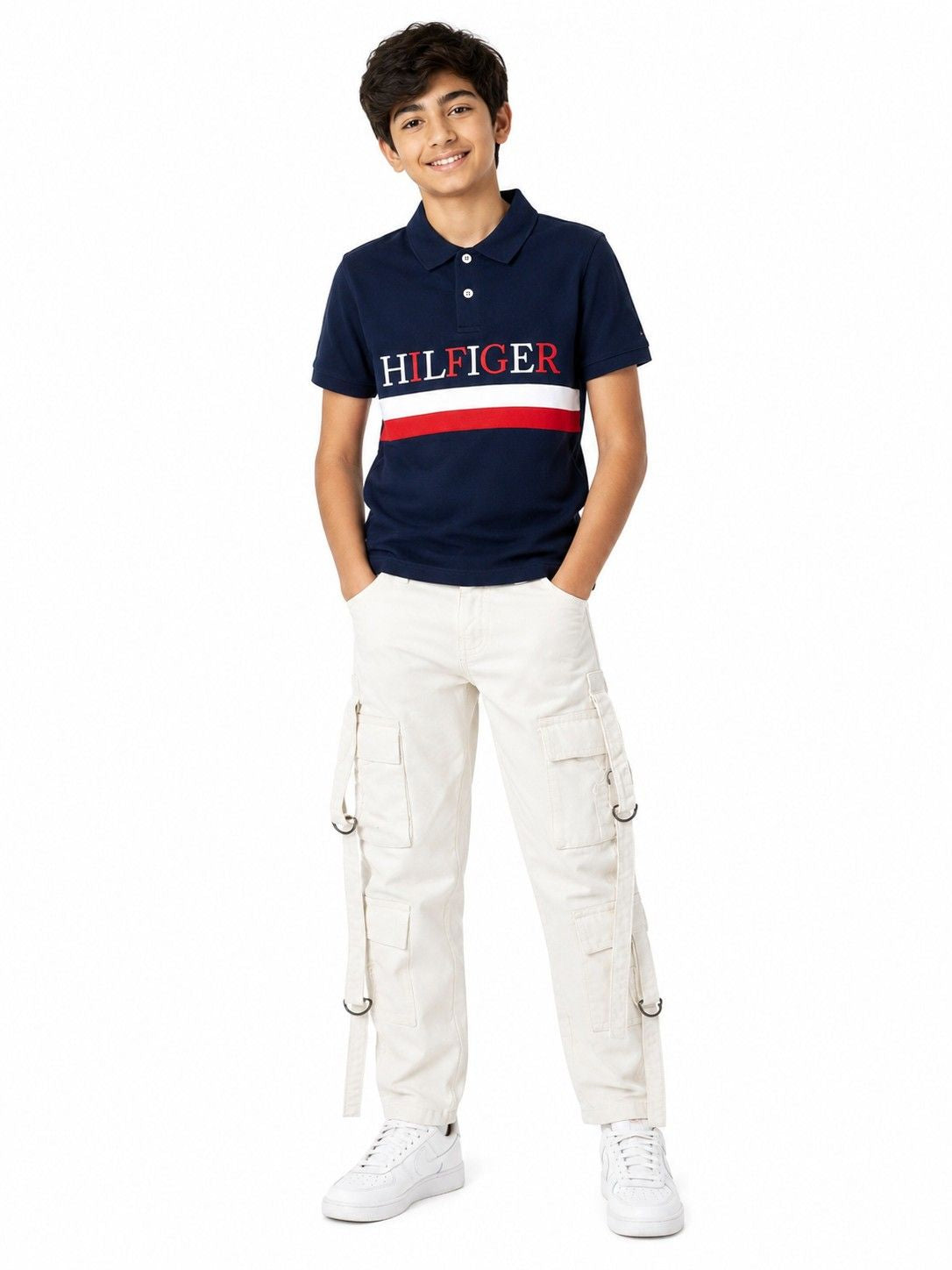 HF White & Red Strips Polo Shirt with Multi Pockets Cargo Baggy Denim Pant