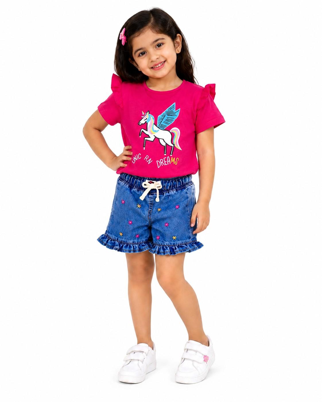 Dream Unicorn Frill Sleeve TShirt with Star Multi flowers Frill Hem Denim Short