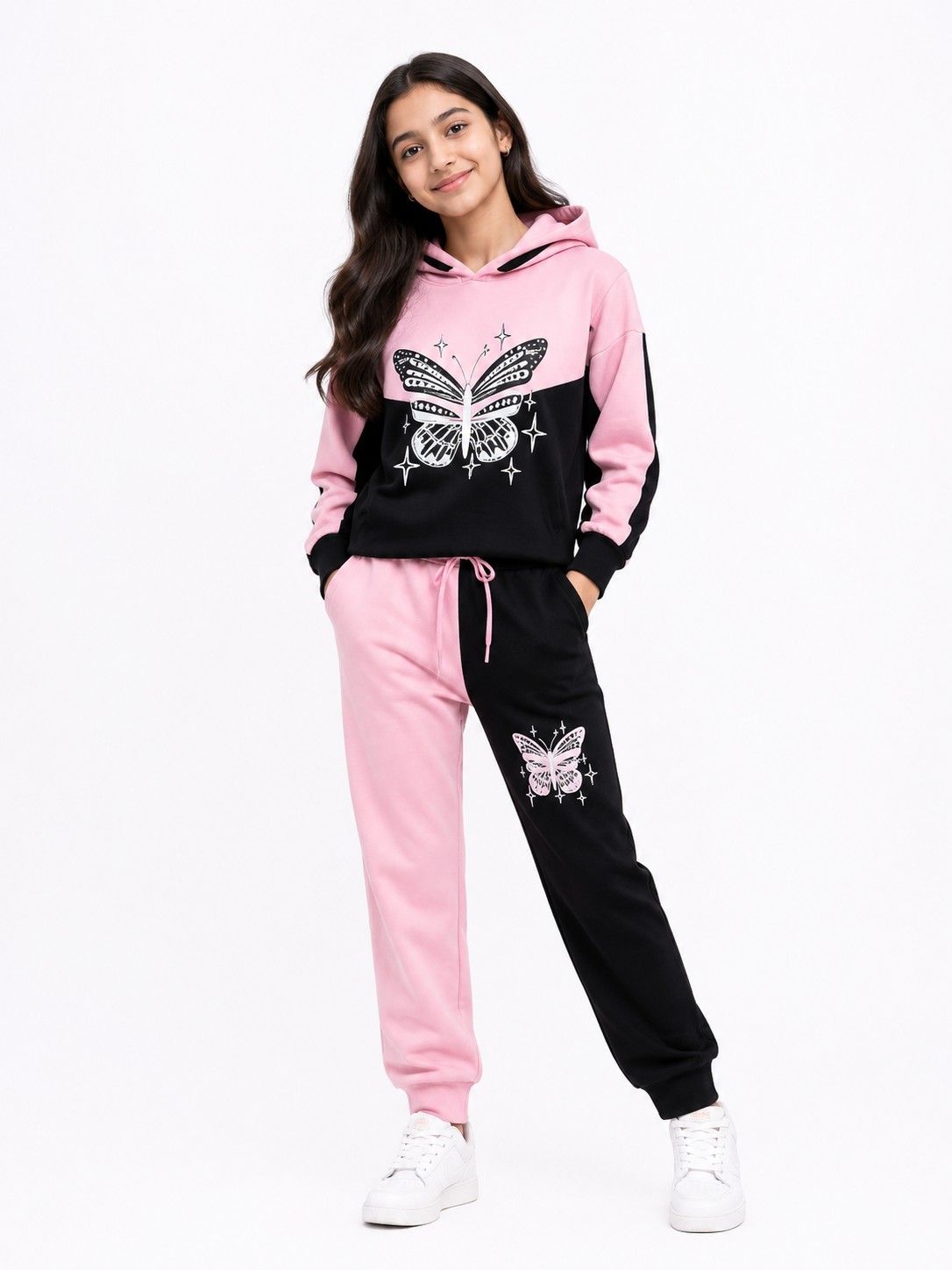 Butterfly Printed Black Penal Hoodie Fleece Tracksuit - Baby Pink & Black