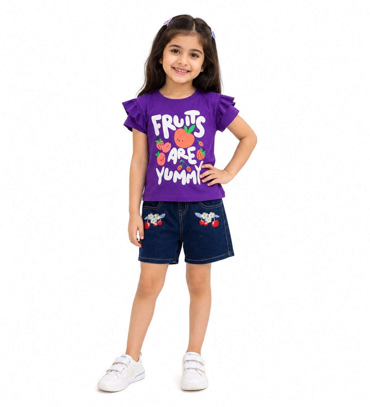 Fruits Are Yummy Frill Tee Shirt with Red Apple Flowers Denim Shorts