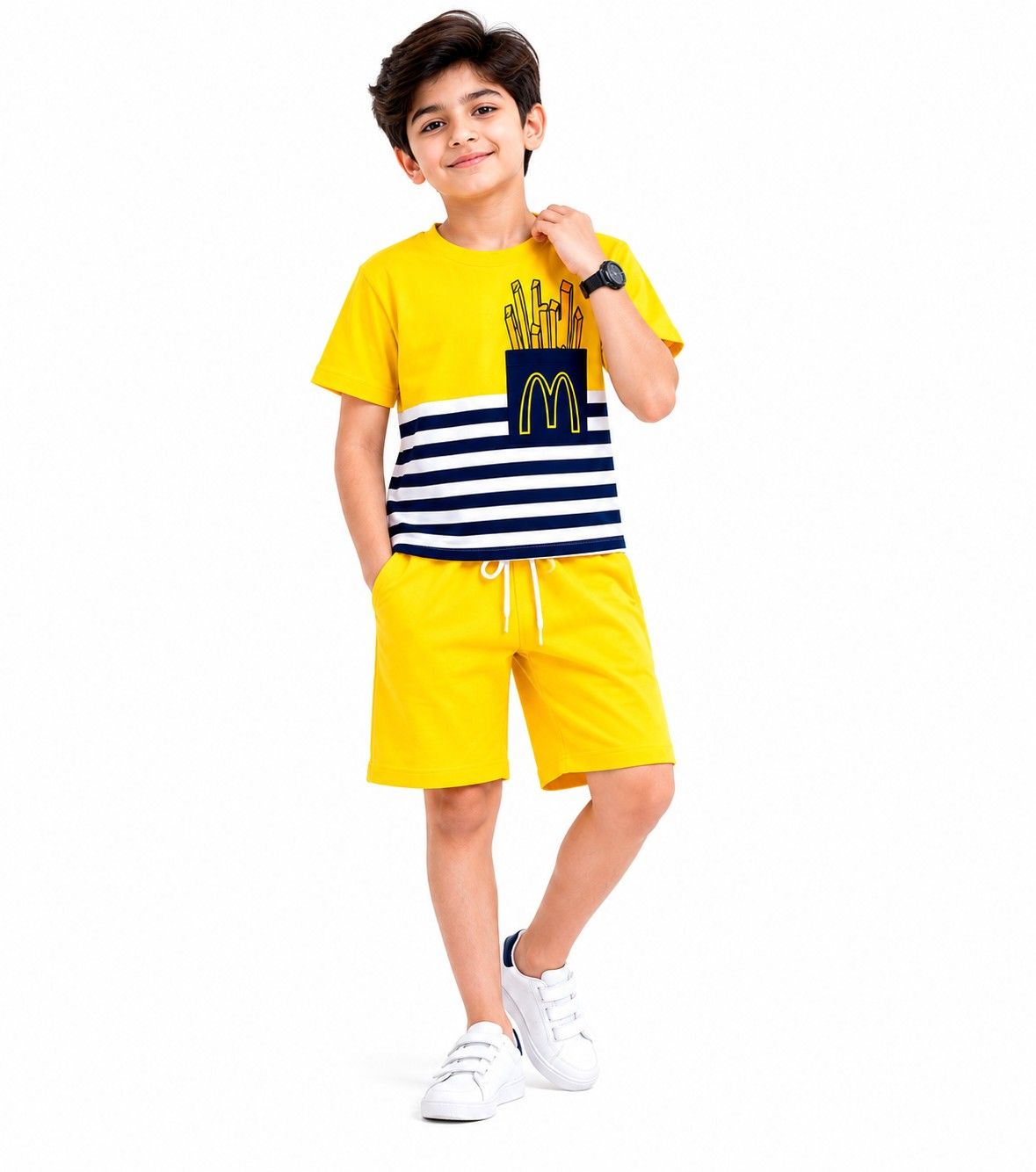 Front Pocket Printed With Yellow Penal Tee Shirt & Short - Yellow & White