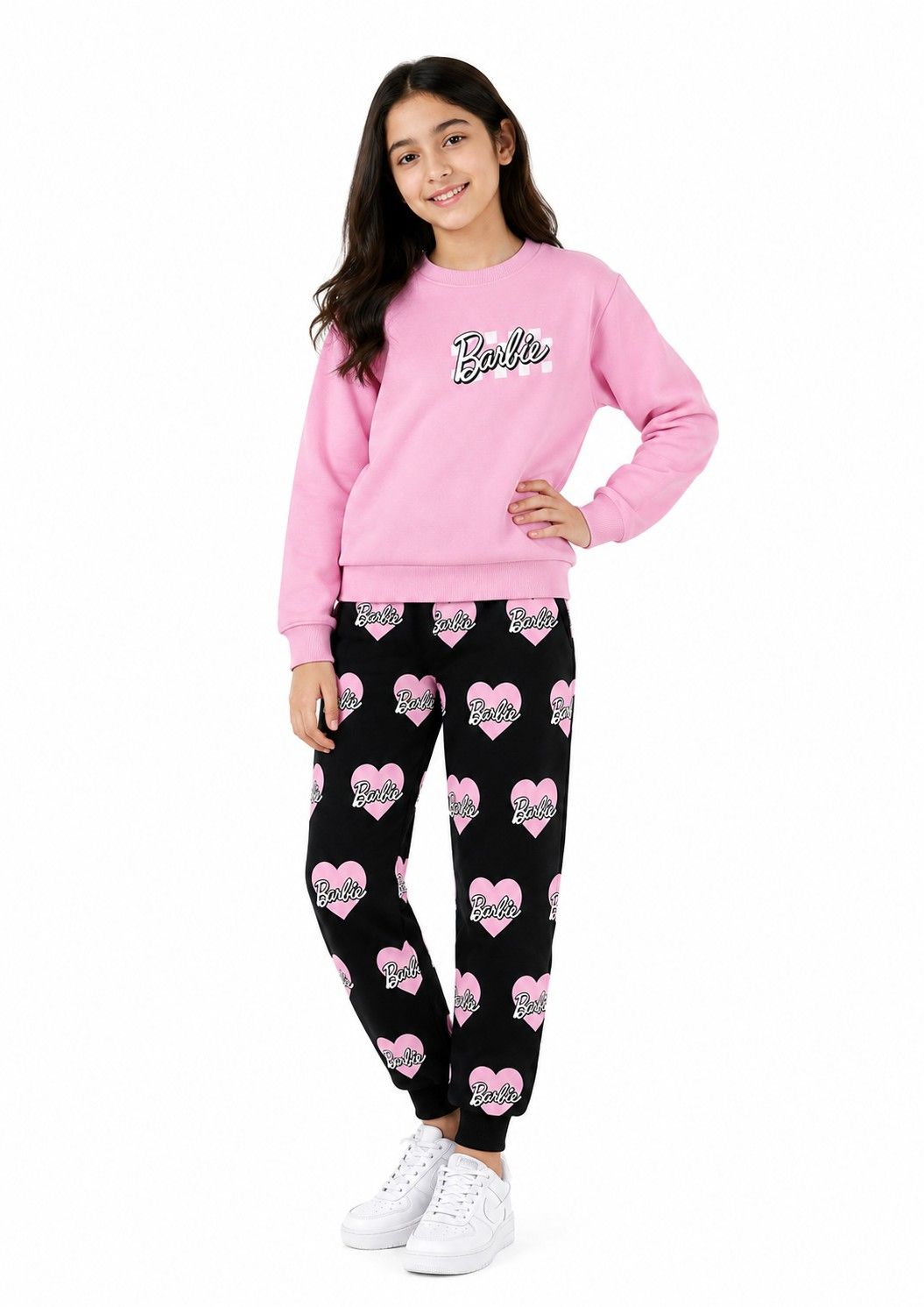 Barbie Allover Trouser Printed Fleece Tracksuit - Baby Pink Black