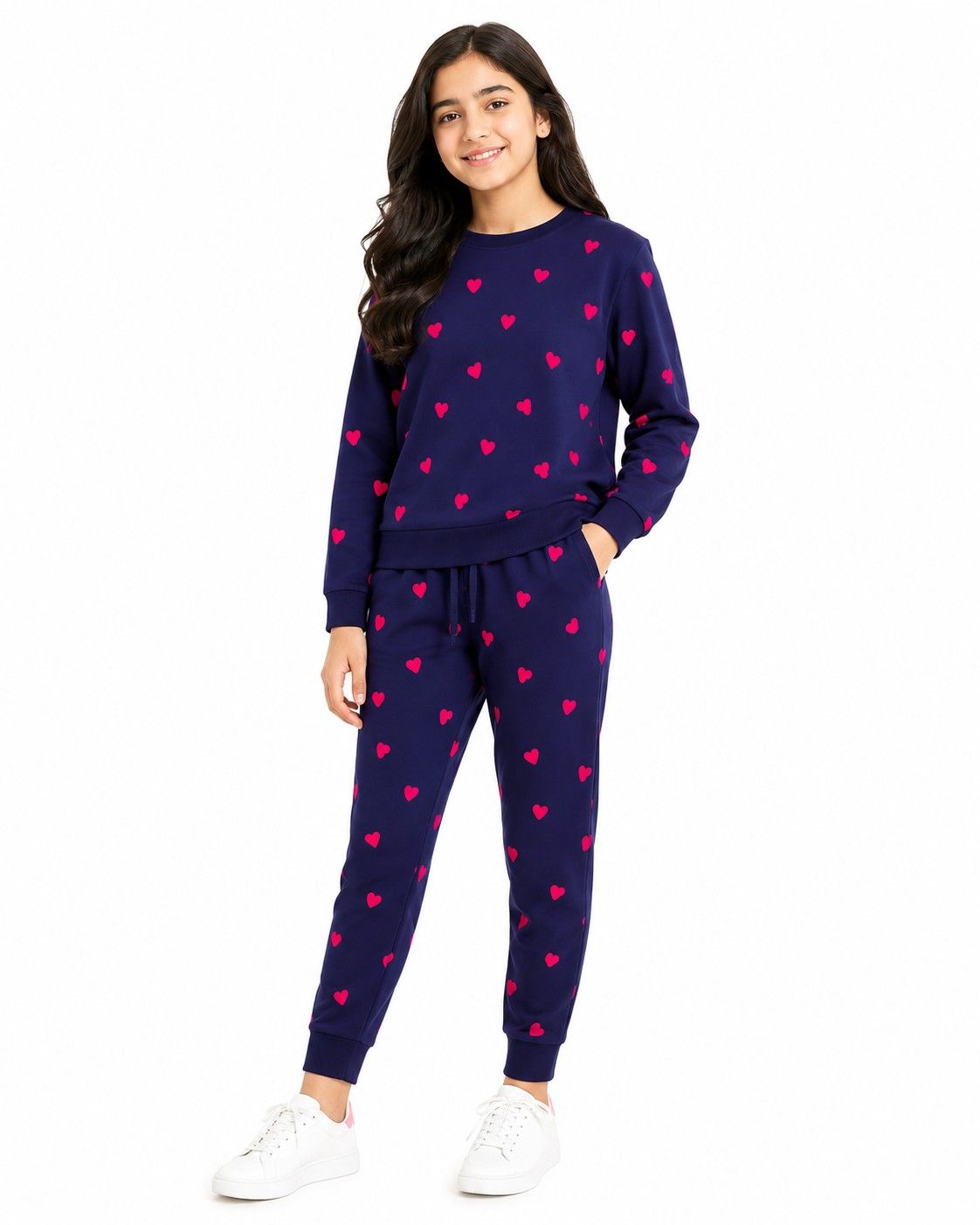 Hearts Printed Fleece Tracksuits - Navy Blue