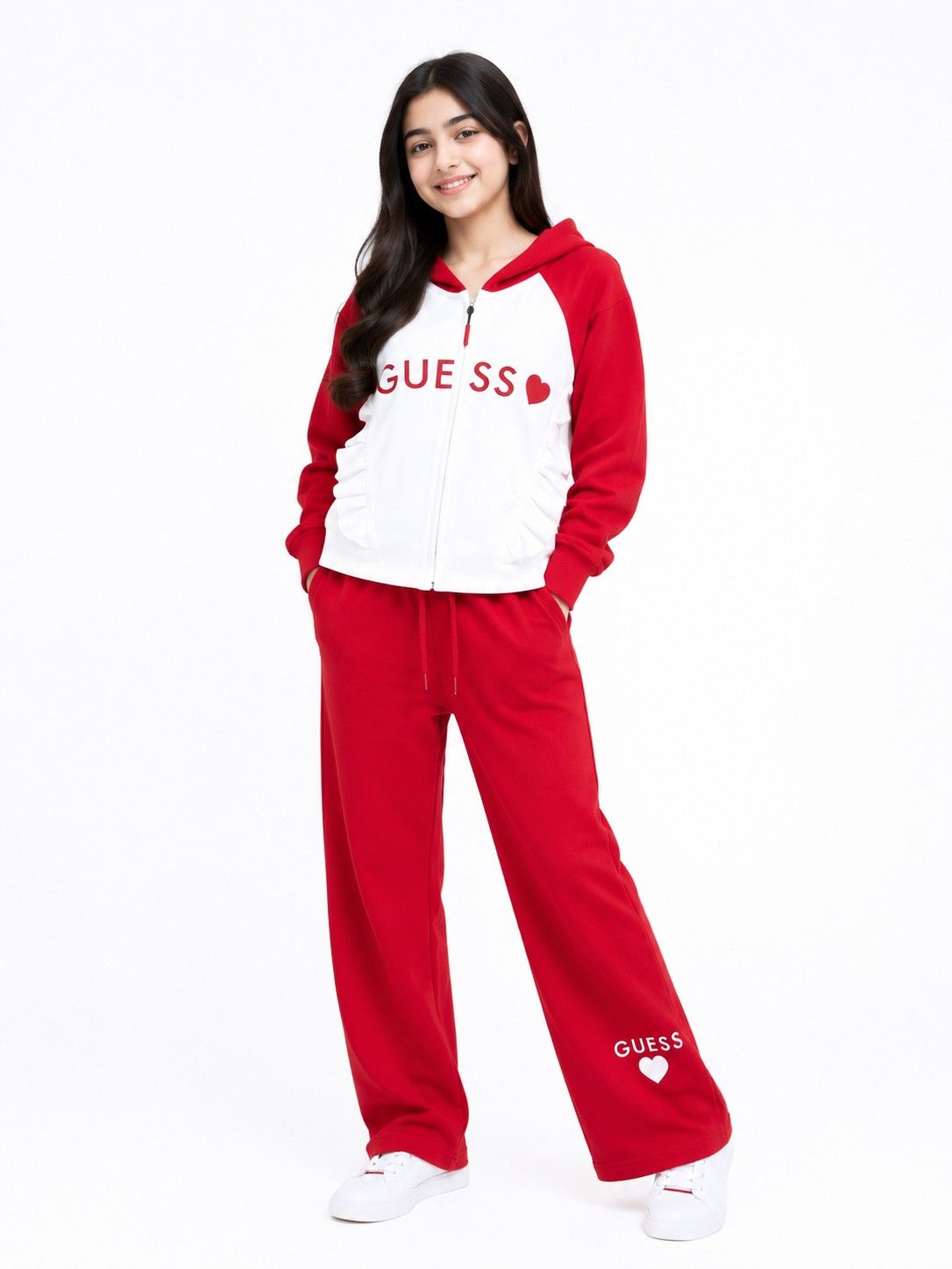 Guess Heart Frill Penal Zipper Hoodie Fleece Tracksuit - Red & White